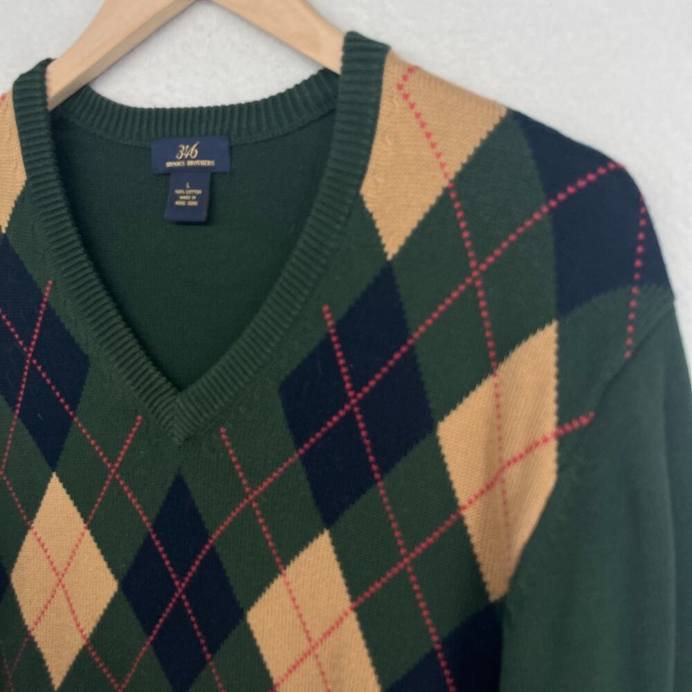 BROOKS BROTHERS Sweater Mens L 346 Argyle Golf V-Neck Jumper Cotton Green HK VTG